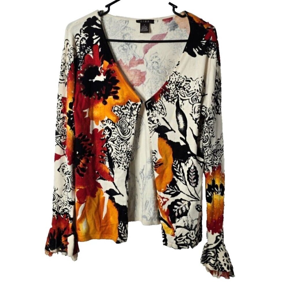 Link Cardigan Sz S Silk Blend Sequin Clasp Closure Artsy Poet Sleeve Floral Boho